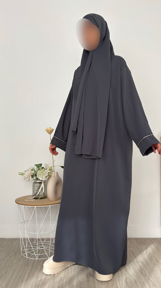 Abaya voile intégré à strass  - Gris