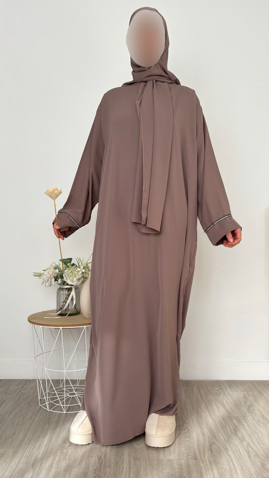 Abaya voile intégré à strass  - Taupe