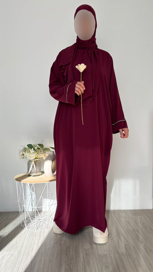 Abaya voile intégré à strass  - Bordeaux
